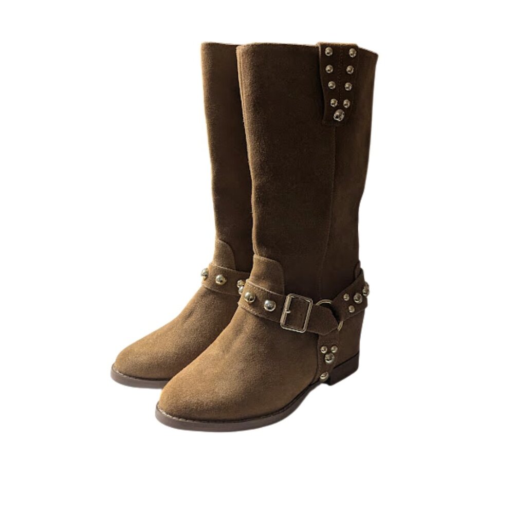 Jessica Simpson Milley Tuscan Tan Suede  Studded Harness Moto Boot Size 6.5 NWOB